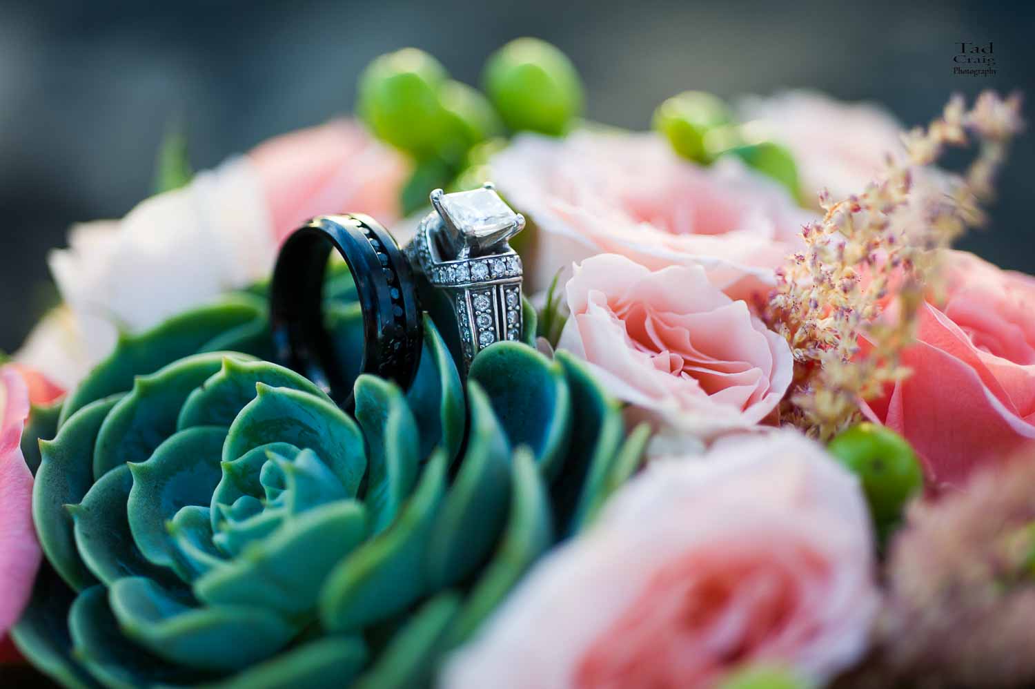 Wedding ring in beautiful succulent wedding bouquet 